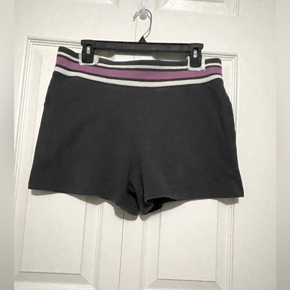 Athletic Works Workout Shorts, Dark Gray body & striped waistband, size L
